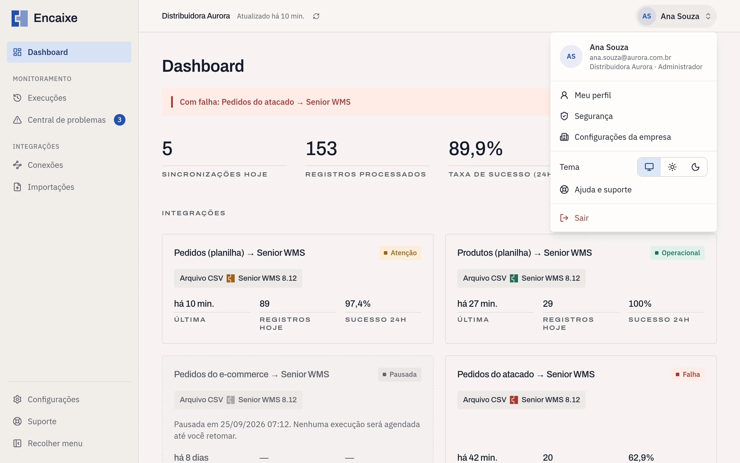 Menu da conta aberto no canto superior direito, com a opção Sair no fim da lista