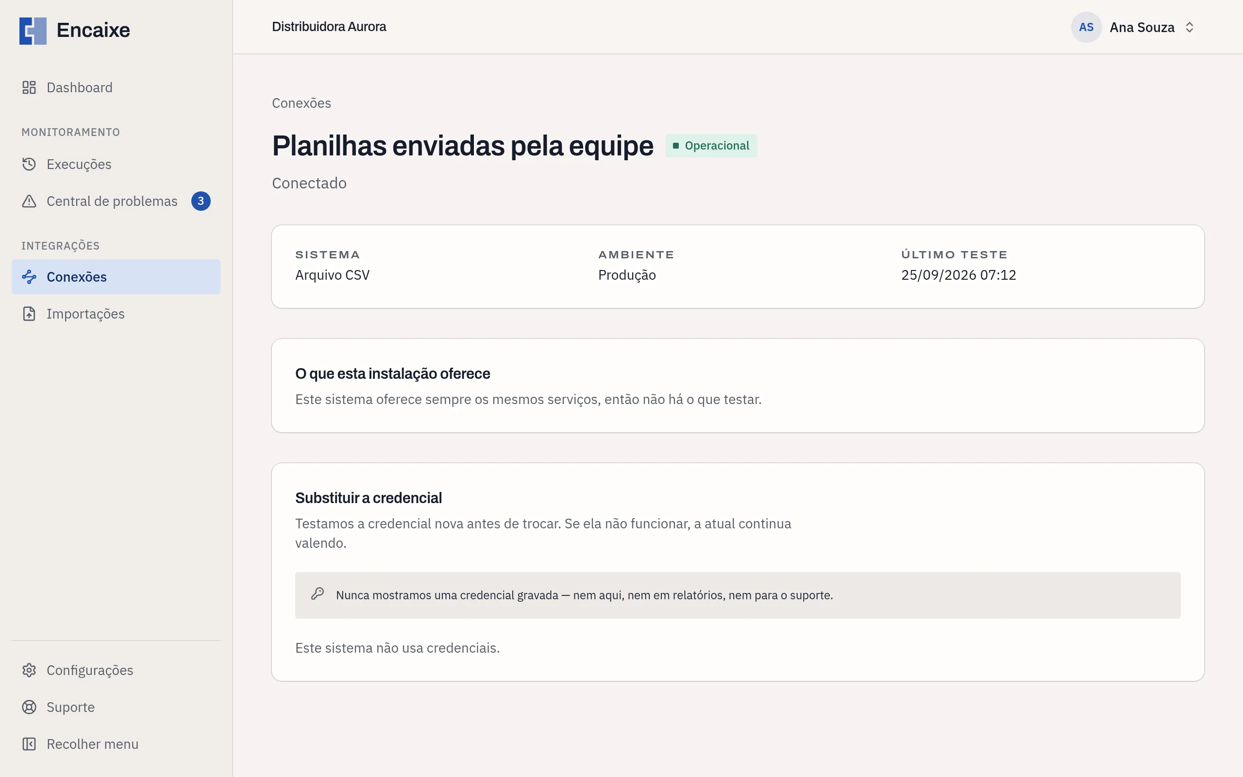Tela de uma conexão com o sistema, o ambiente, o último teste e a área para substituir a credencial
