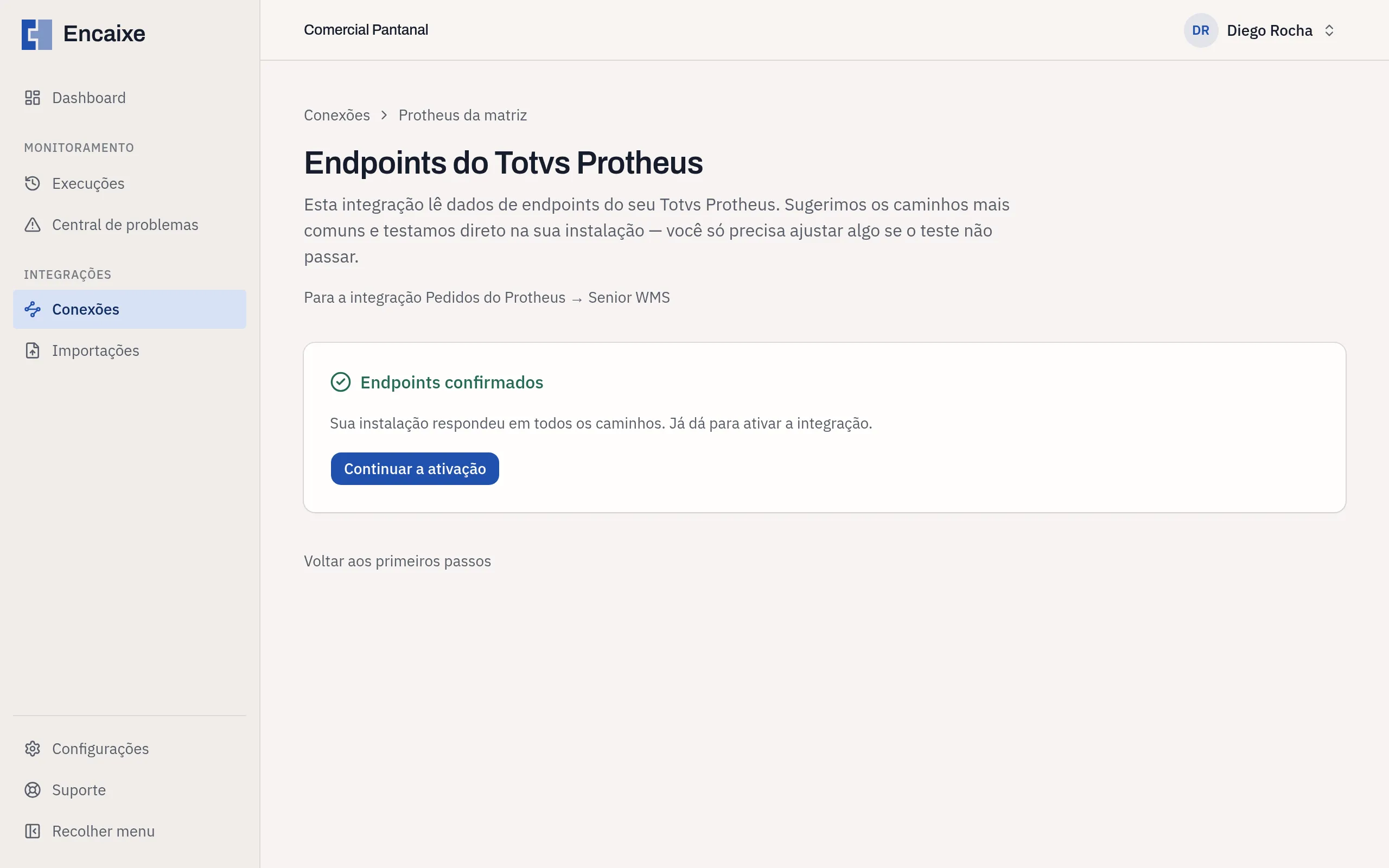 Tela Endpoints do Totvs Protheus com o título Endpoints confirmados e o botão Continuar a ativação