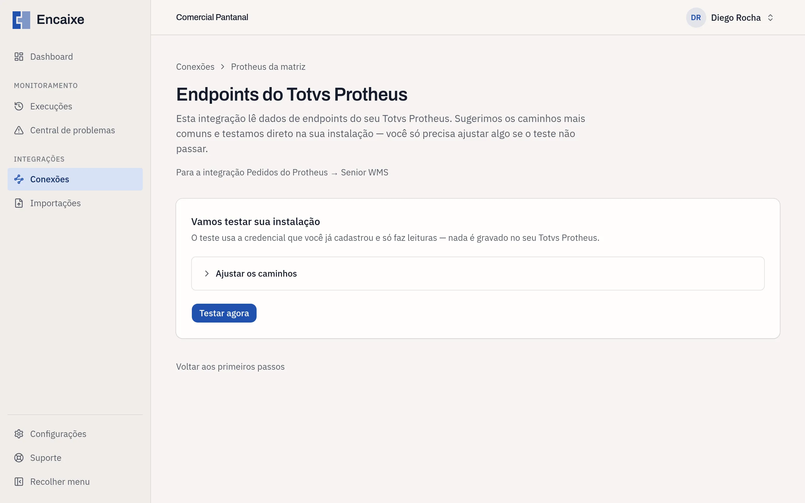 Tela Endpoints do Totvs Protheus com o botão Testar agora