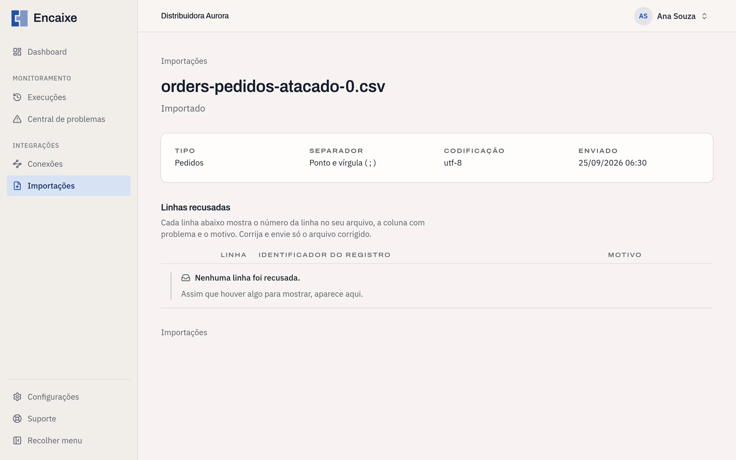 Tela de uma importação com o tipo, o separador, a codificação, a data de envio e as linhas recusadas