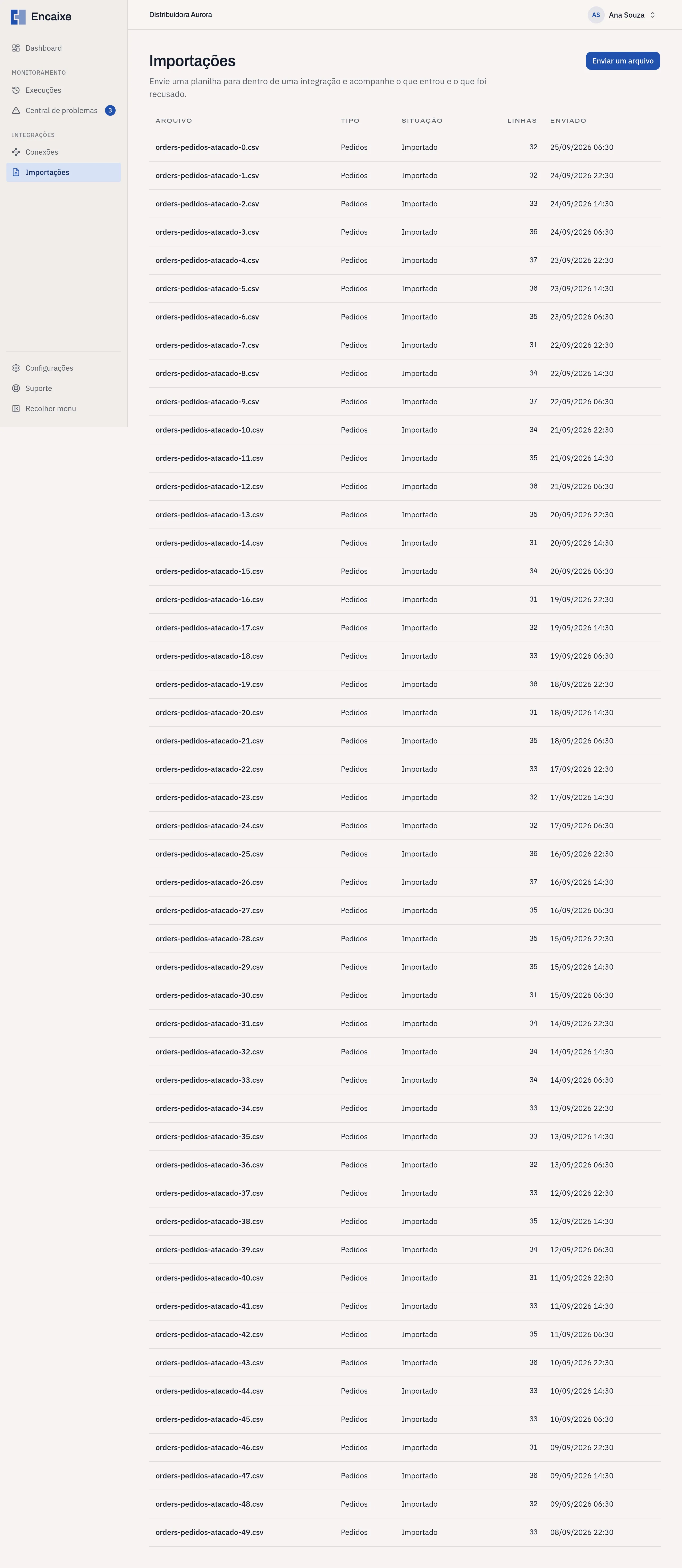 Tela Importações com a lista de arquivos enviados, o tipo, a situação, as linhas e a data de envio