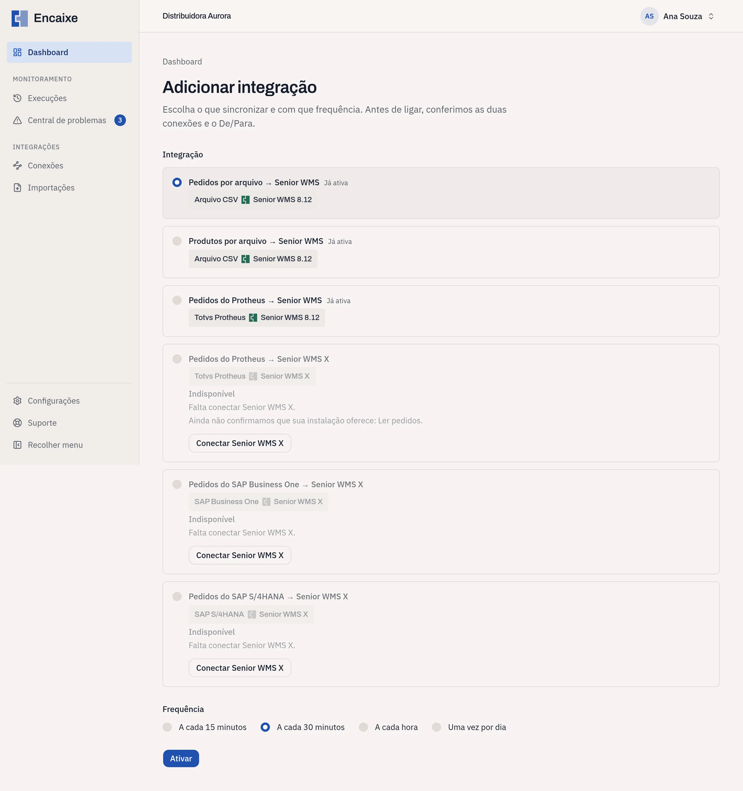 Tela Adicionar integração com as opções de integração, a frequência e o botão Ativar