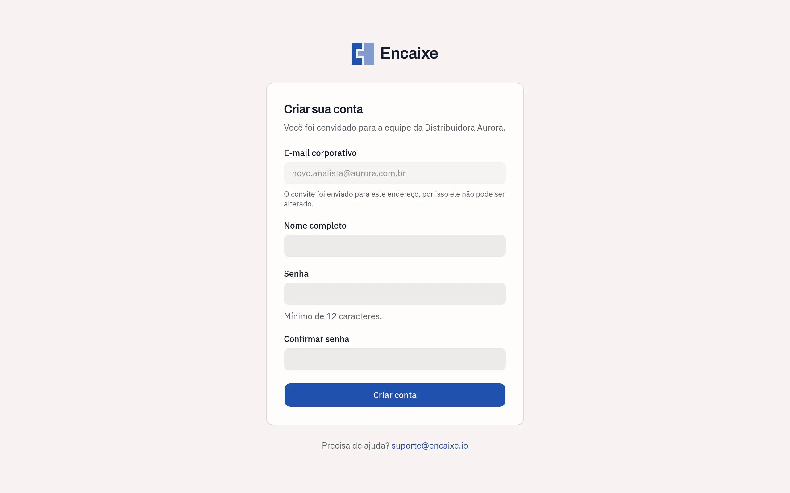 Tela Criar sua conta com o e-mail do convite já preenchido e os campos Nome completo, Senha e Confirmar senha