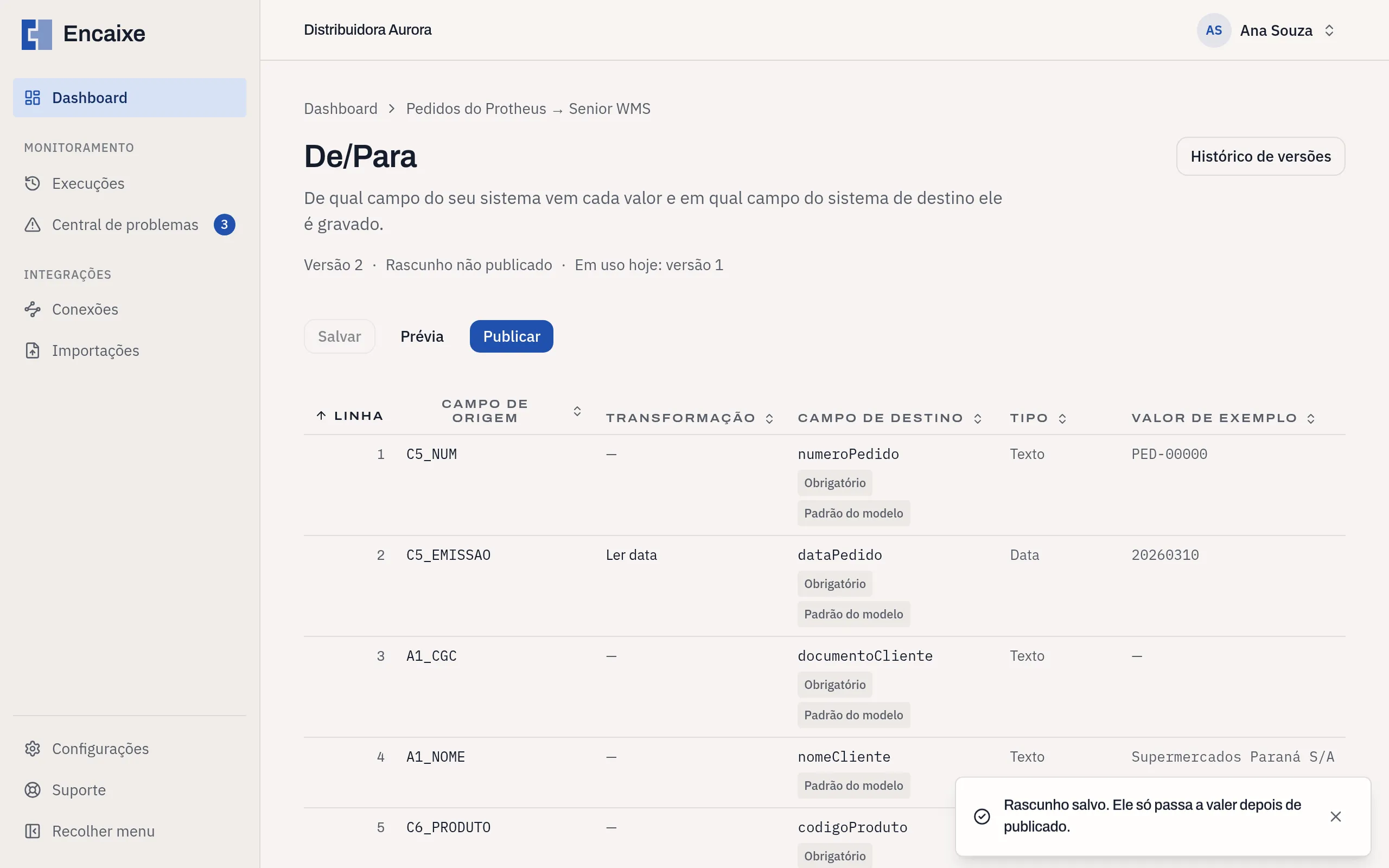 Tela De/Para com um rascunho salvo, a linha deposito com Valor fixo 02 e a frase Rascunho salvo