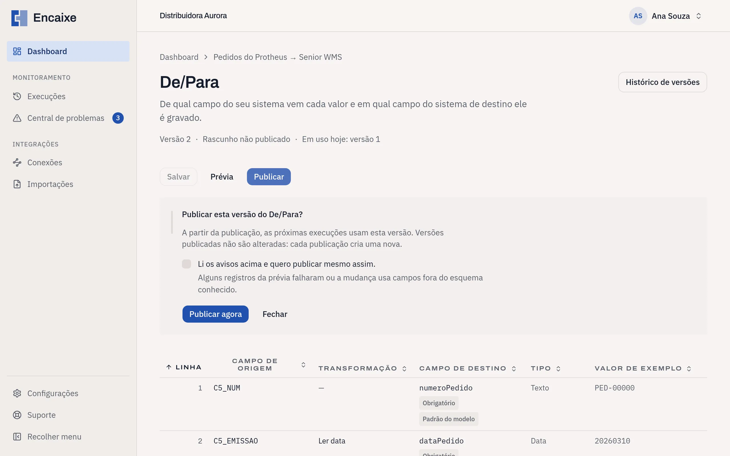 Painel Publicar esta versão do De/Para com a caixa de confirmação e os botões Publicar agora e Fechar