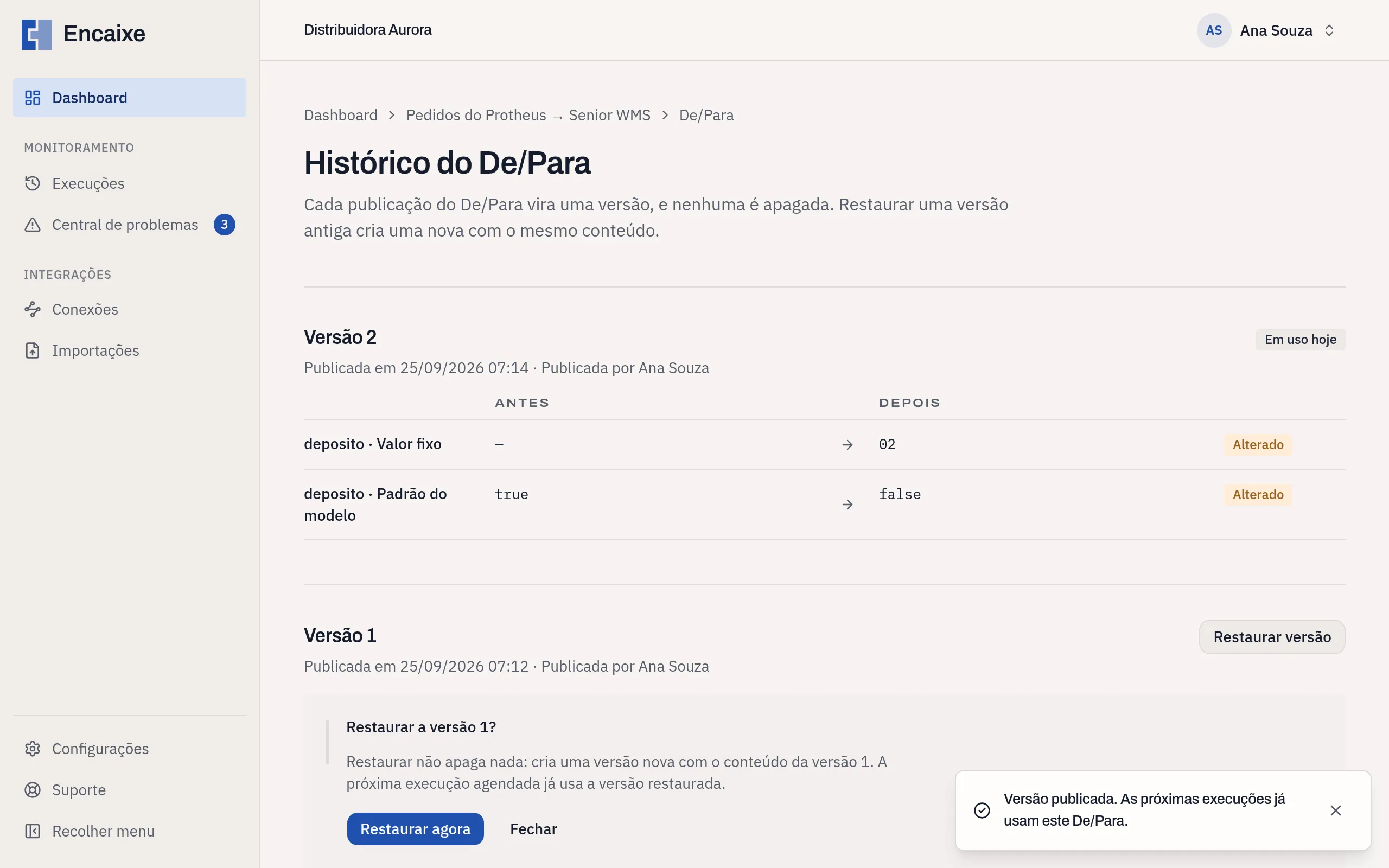 Confirmação Restaurar a versão 1? com os botões Restaurar agora e Fechar