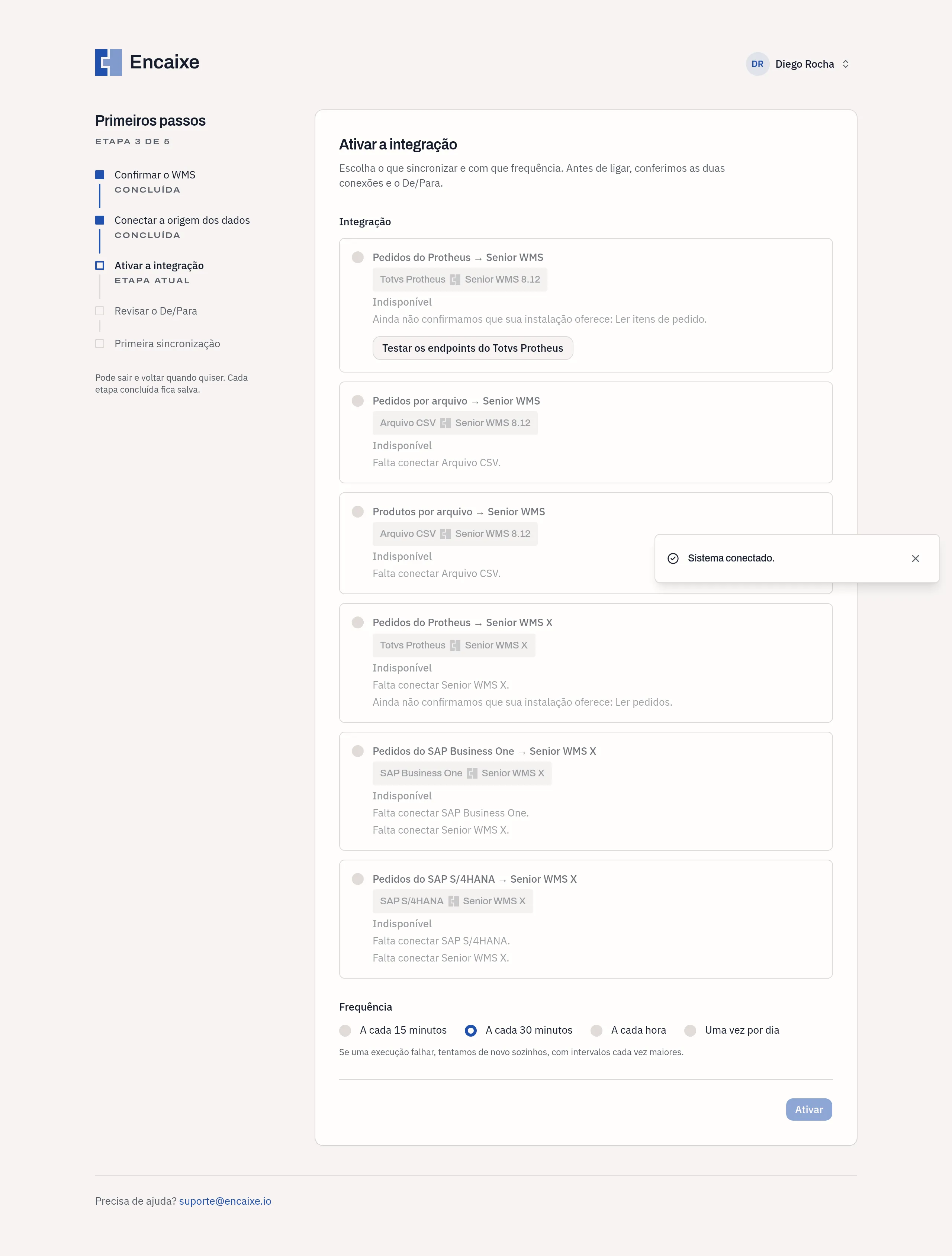 Etapa Ativar a integração com as integrações disponíveis e indisponíveis e a frequência