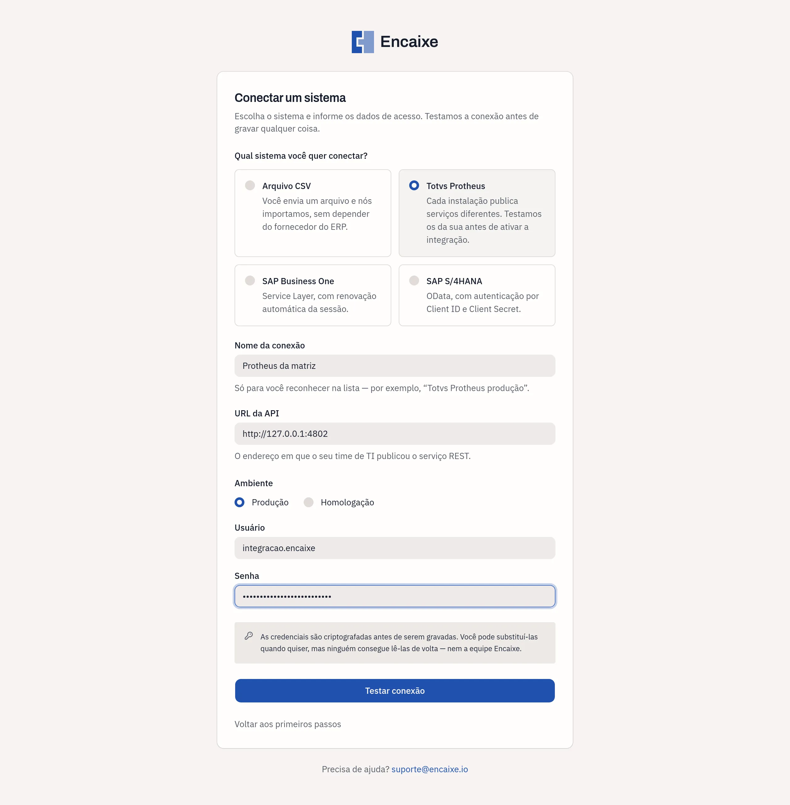 Tela Conectar um sistema com o Totvs Protheus selecionado e os campos preenchidos