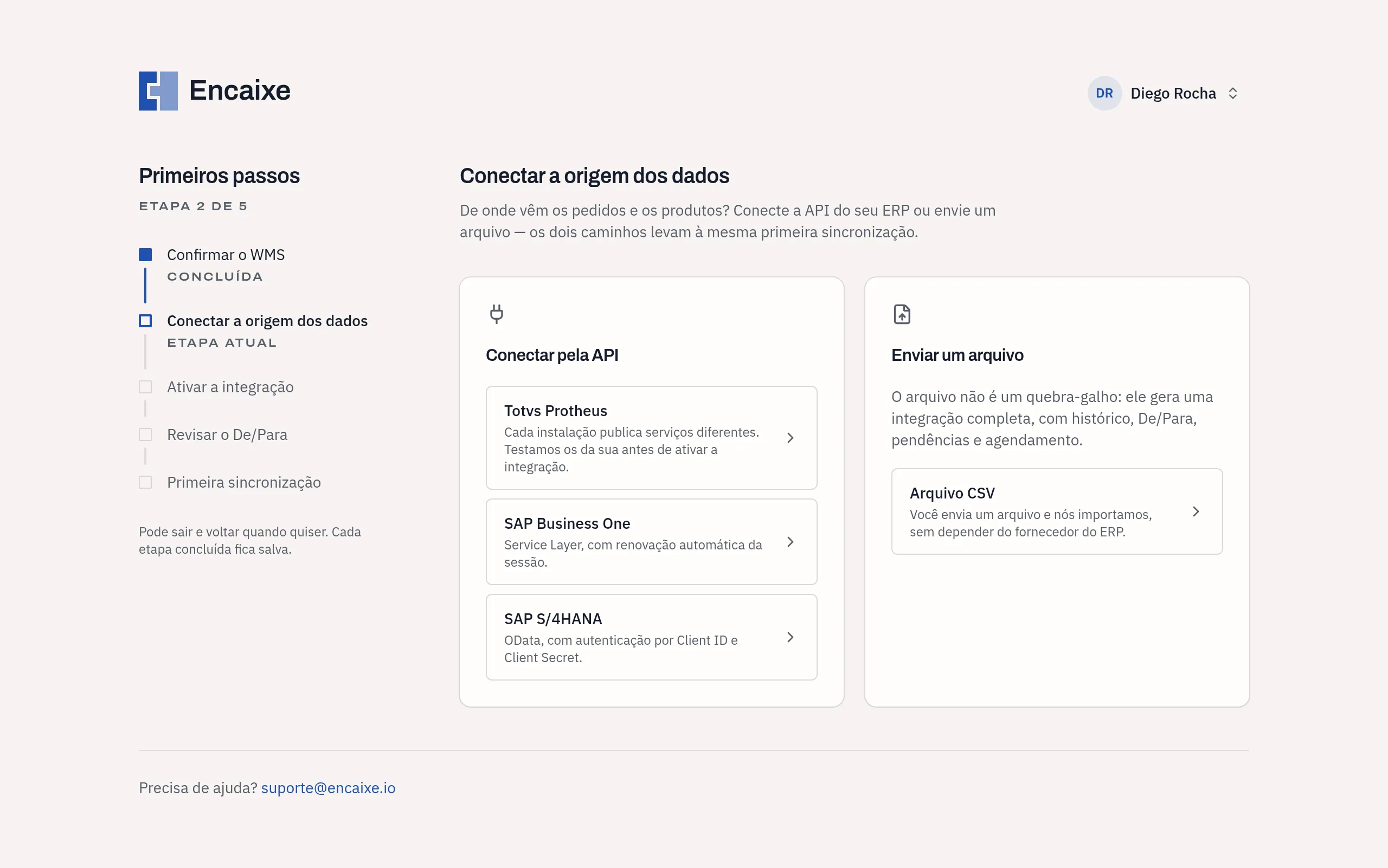 Etapa Conectar a origem dos dados com as opções Conectar pela API e Enviar um arquivo