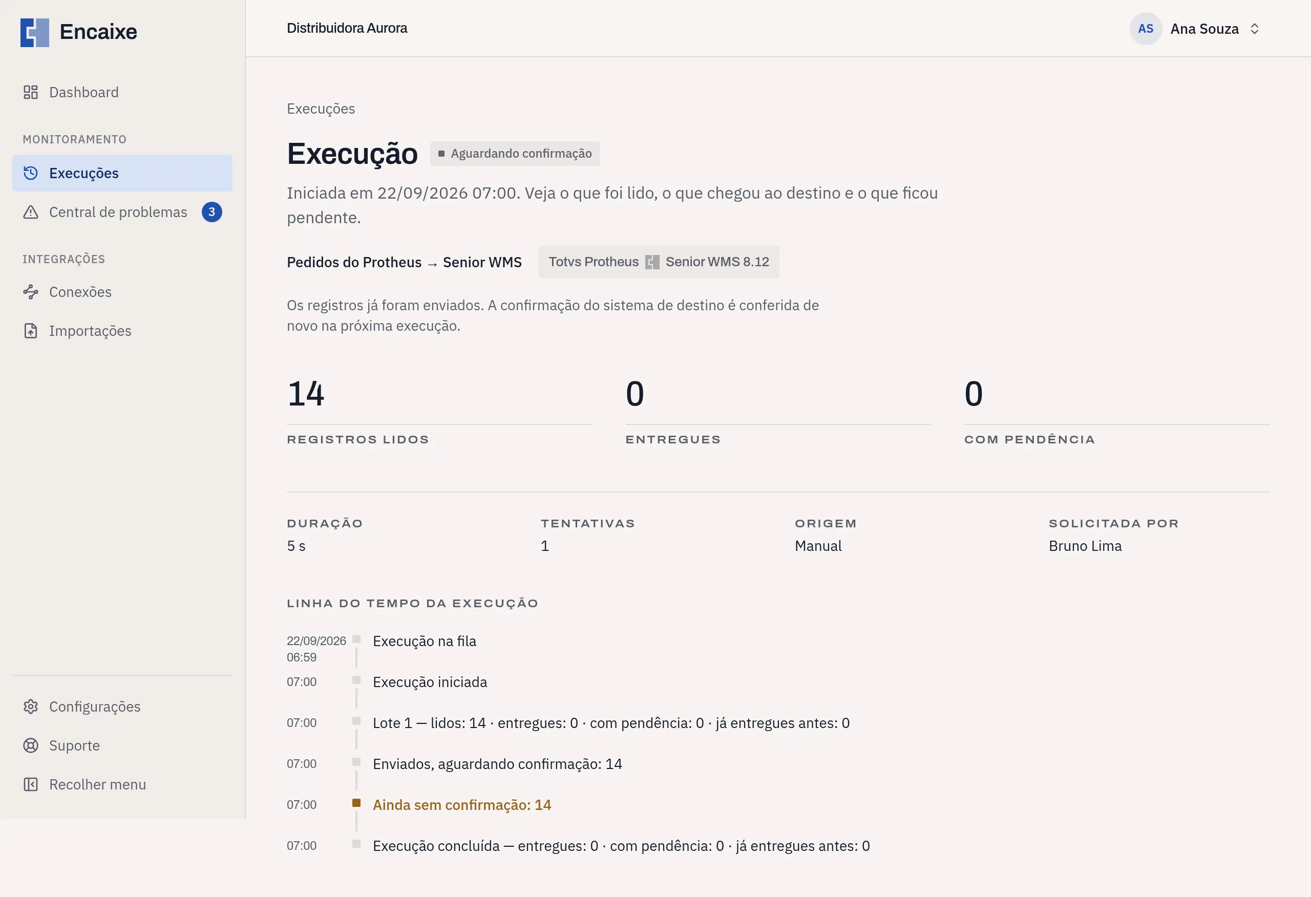 Detalhe de uma execução com o resultado Aguardando confirmação e a frase sobre a próxima execução abaixo do título