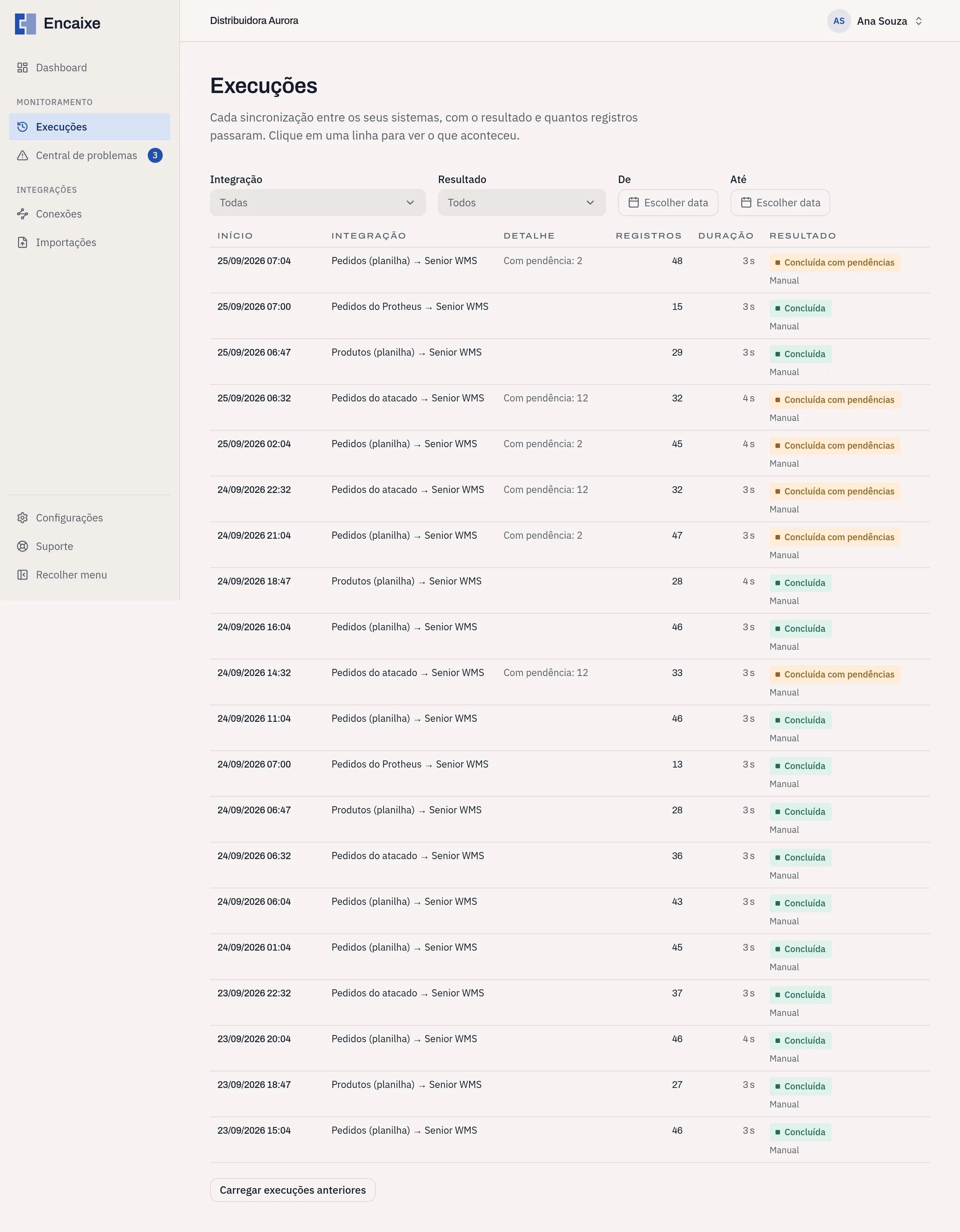 Tela Execuções com filtros por integração, resultado e período e a lista de execuções