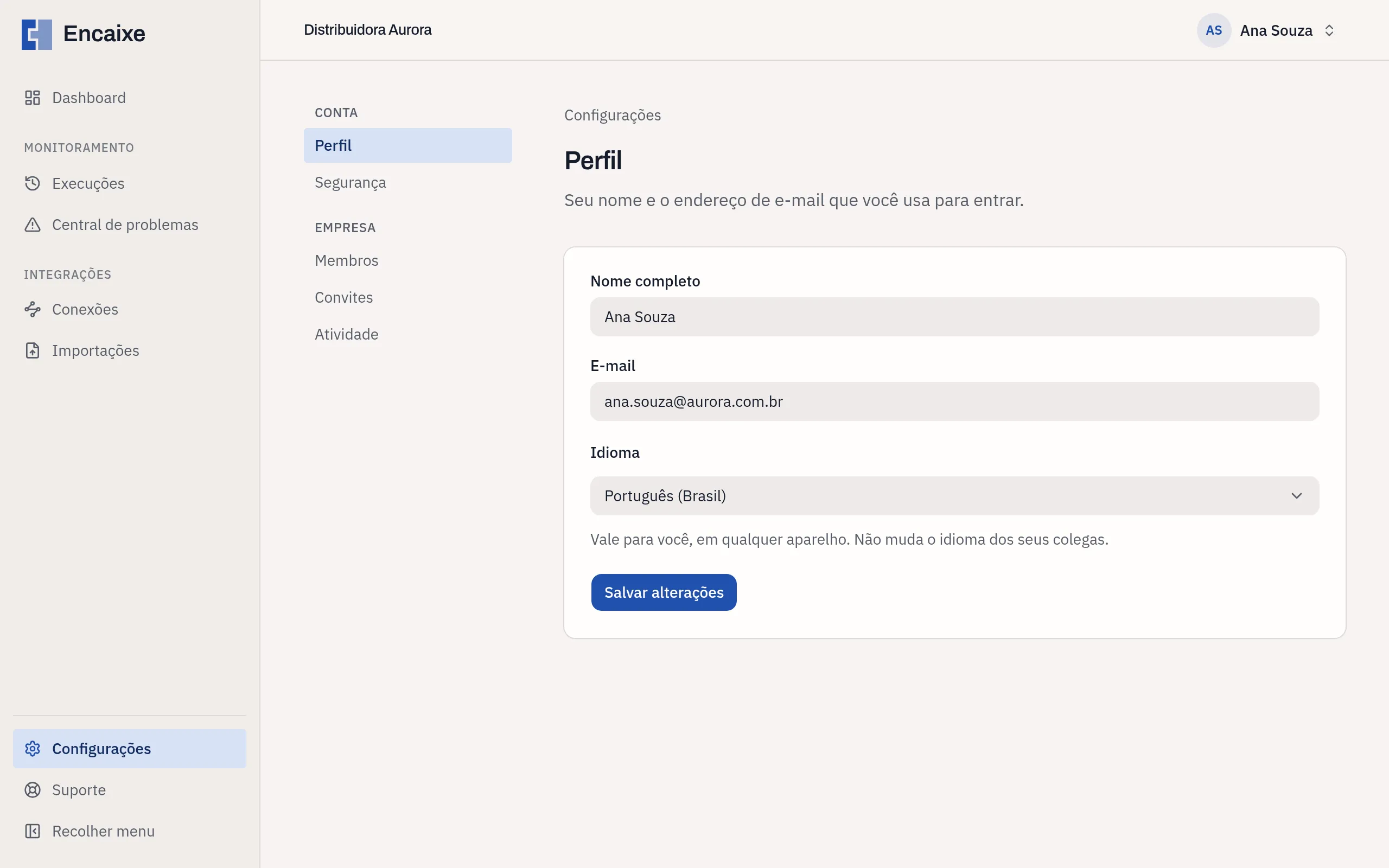 Tela Perfil com os campos Nome completo, E-mail e Idioma
