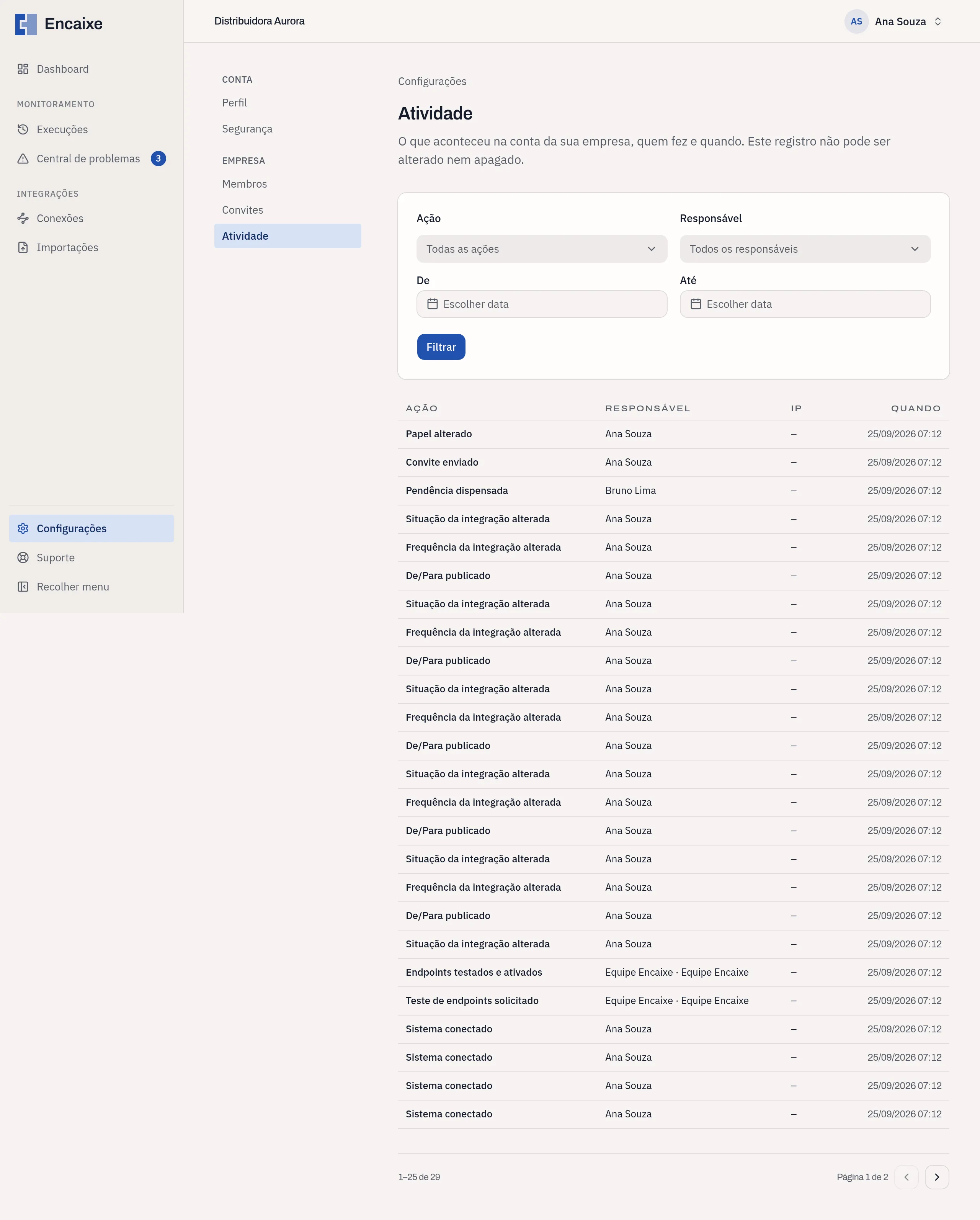 Tela Atividade com os filtros e a lista de ações registradas