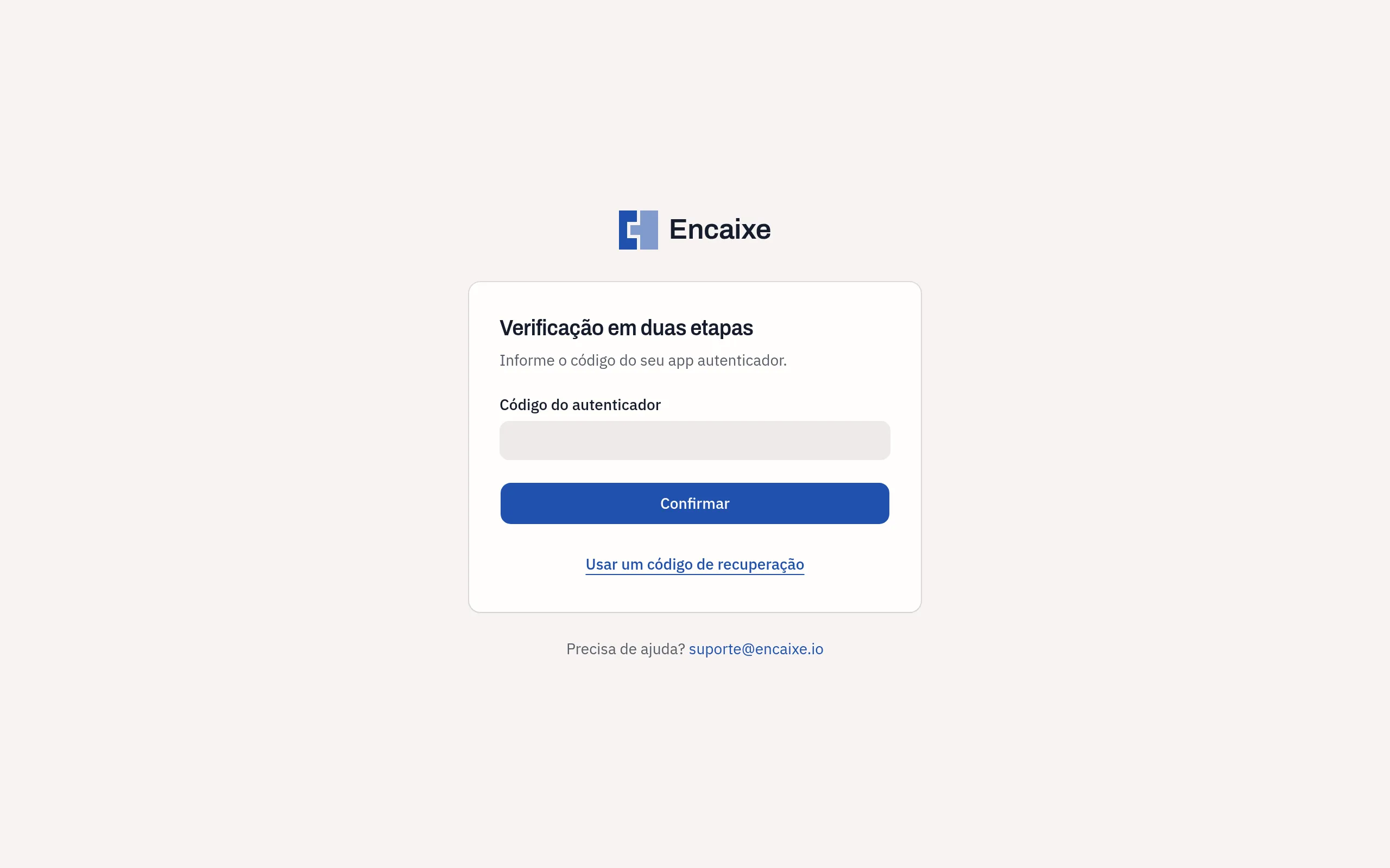 Tela Verificação em duas etapas com o campo Código do autenticador e o link Usar um código de recuperação