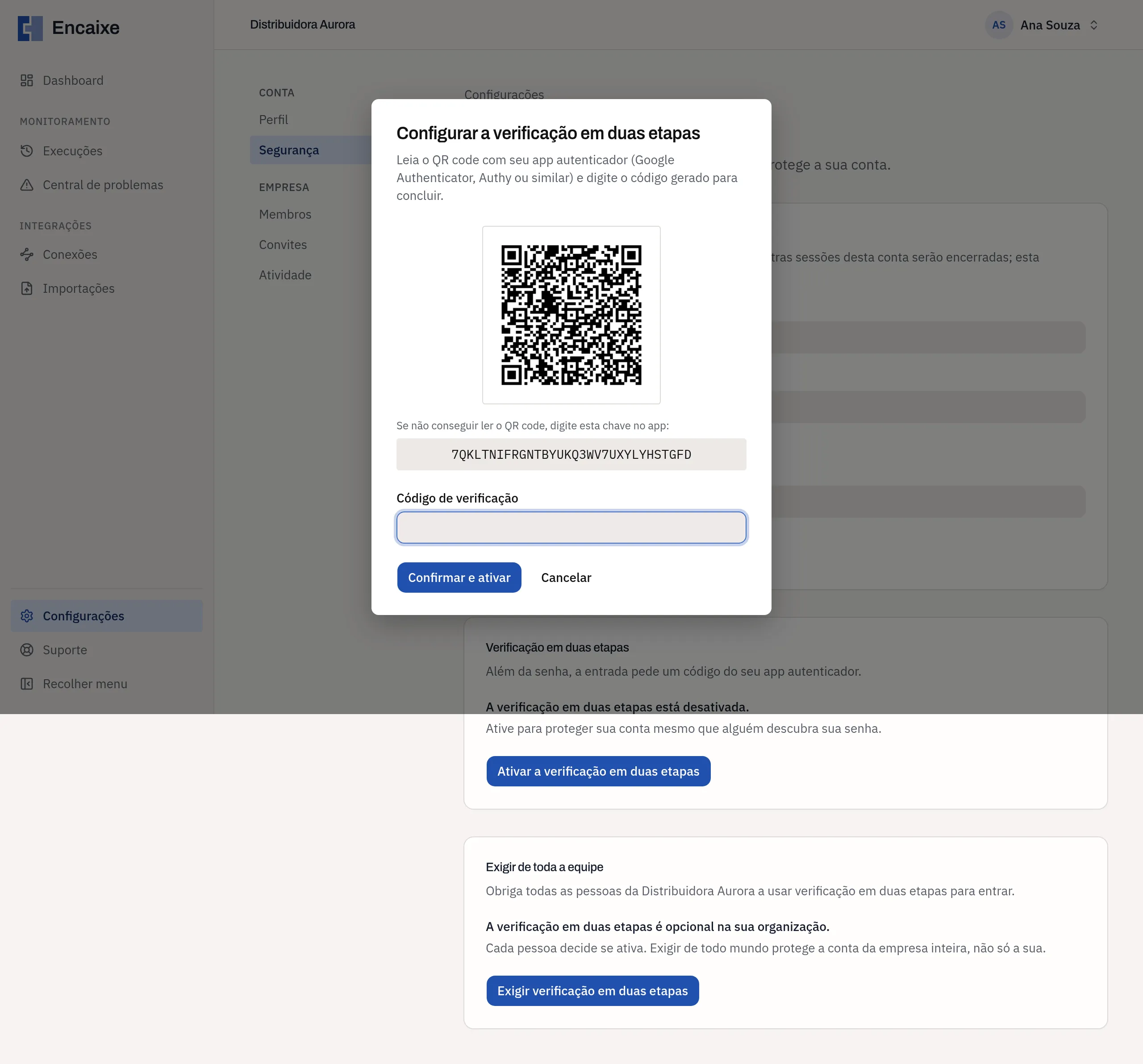 Janela Configurar a verificação em duas etapas com o QR code, a chave, o campo Código de verificação e os botões Confirmar e ativar e Cancelar